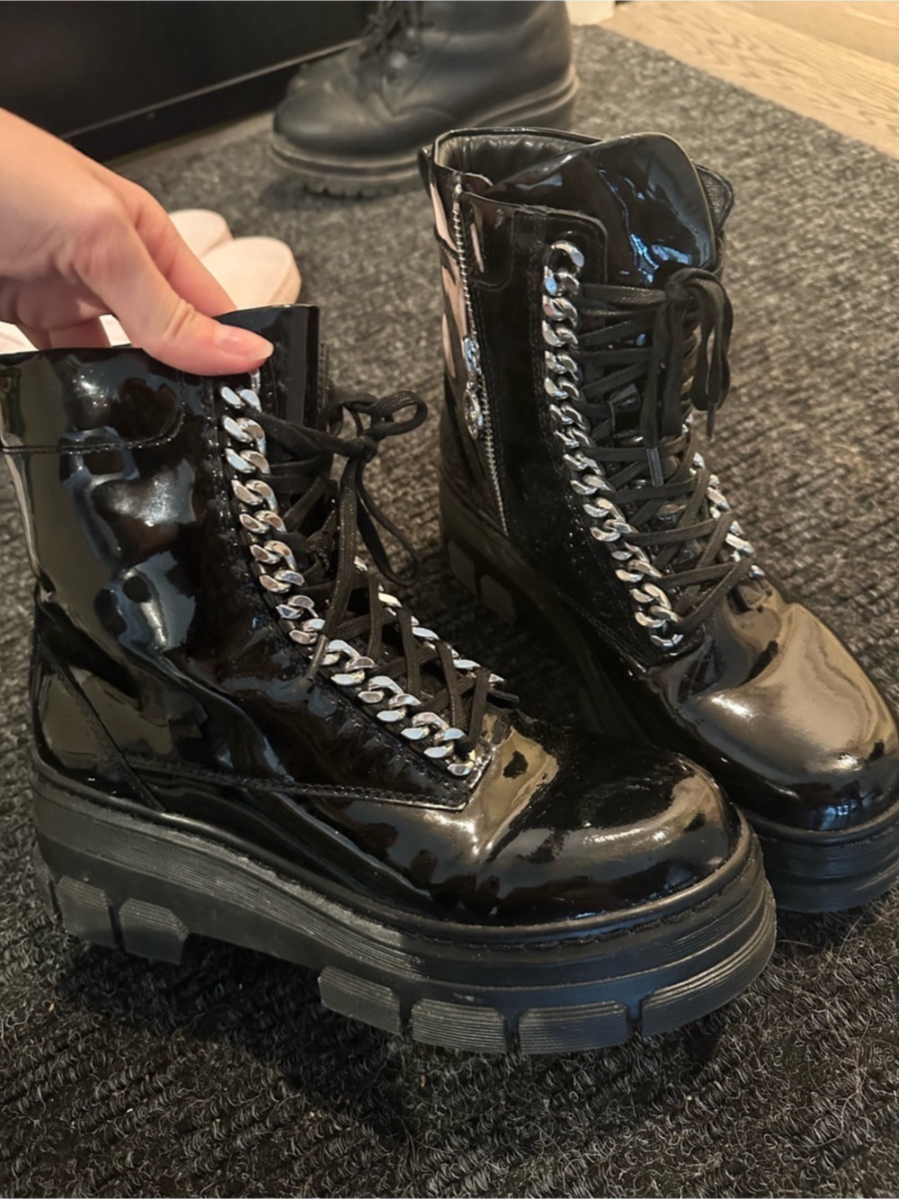 Wishbone black Patent Platform Combat Boots Like New